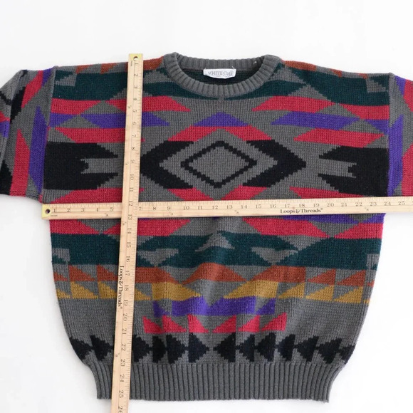 Vintage 90S White Oak Gray And Red Aztec Knit Crew Neck Sweater  XL - Picture 3 of 8